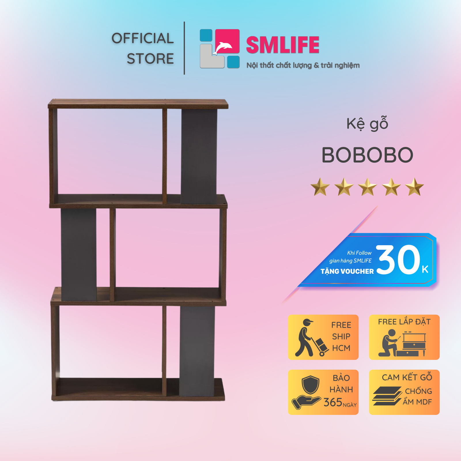 Kệ sách, kệ trang trí gỗ hiện đại SMLIFE Bobobo | Gỗ MDF dày 17mm chống ẩm | D60xR25xC105cm