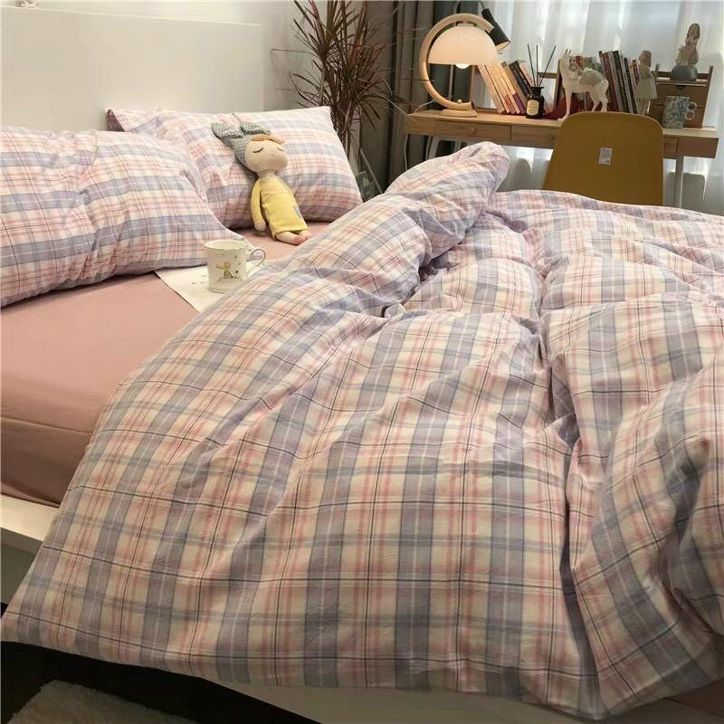 Bộ chăn ga gối Cotton Poly M2T bedding hồng vintage, vỏ chăn mền, drap giường và 2 vỏ gối