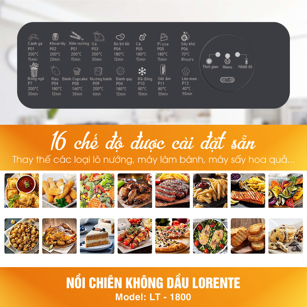 Nồi Chiên Không Dầu Đa Năng - Lorente LT1800 - Dung tích 18L - 1700W - Tặng Full bộ phụ kiện - Hàng chính hãng