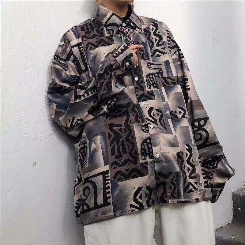 Áo Sơ Mi Dài Tay Dáng Rộng In Họa Tiết Cá Tính Dành Cho Nam / Size M-3Xl