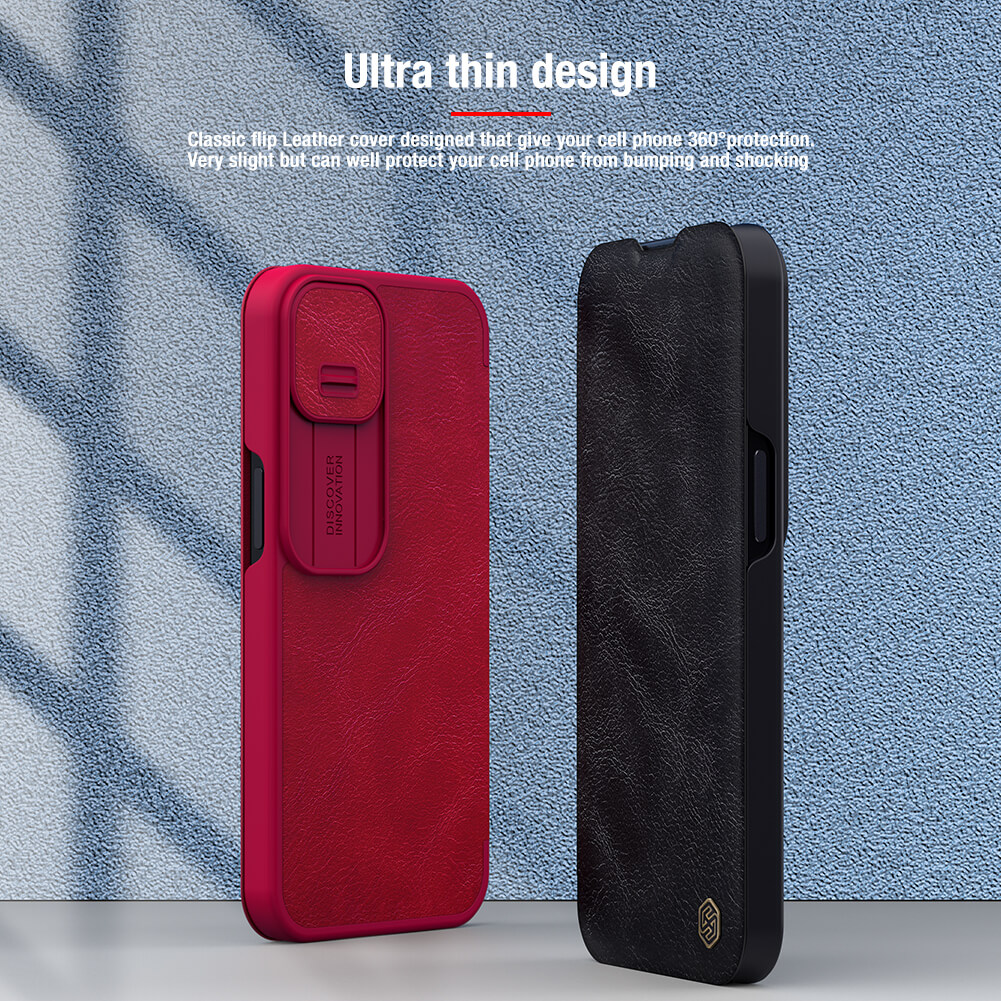 Case bao da chống sốc cho iPhone 13 Pro Max trang bị nắp bảo vệ Camera hiệu Nillkin Qin Pro - hàng nhập khẩu