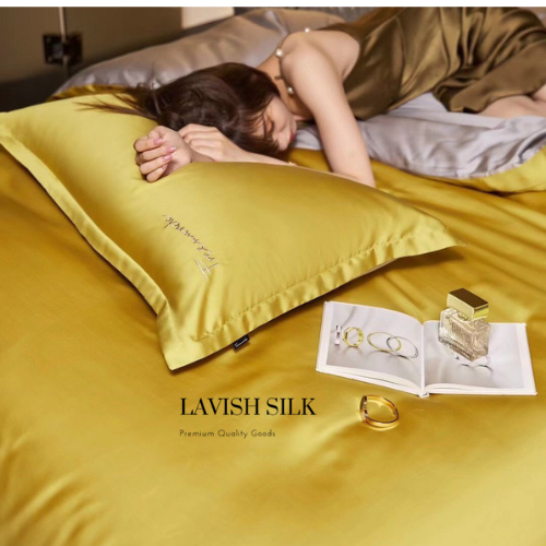 Trọn Bộ Ga Gối Lụa Kèm Chăn Sẵn Ruột + Tặng Bộ Quà Tặng Lavish Silk Cao Cấp - Vàng Chanh Mix Hồng Phấn