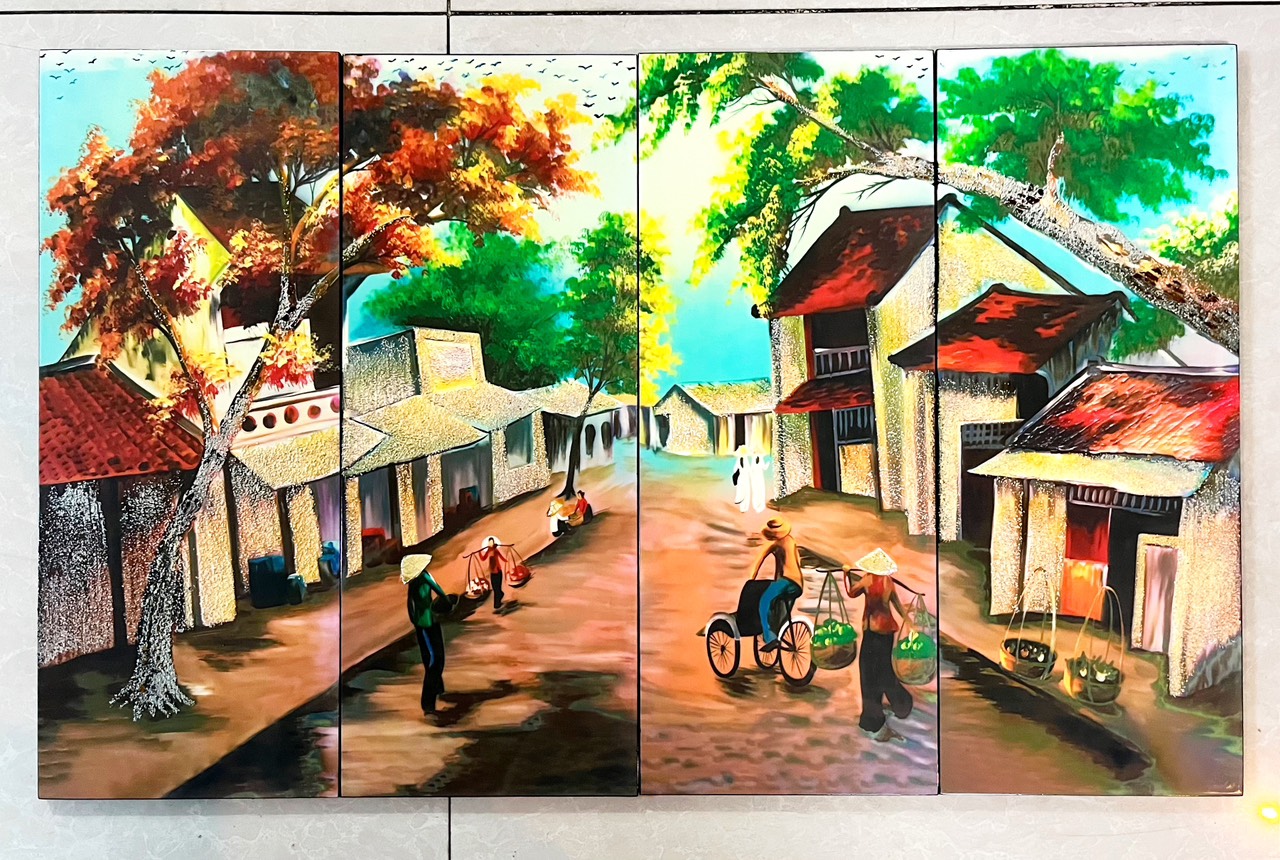 Bộ Tranh sơn mài 4 tấm - ĐỒNG QUÊ / PHỐ CỔ VIỆT NAM - Size 50x80 cm / 60x120 cm