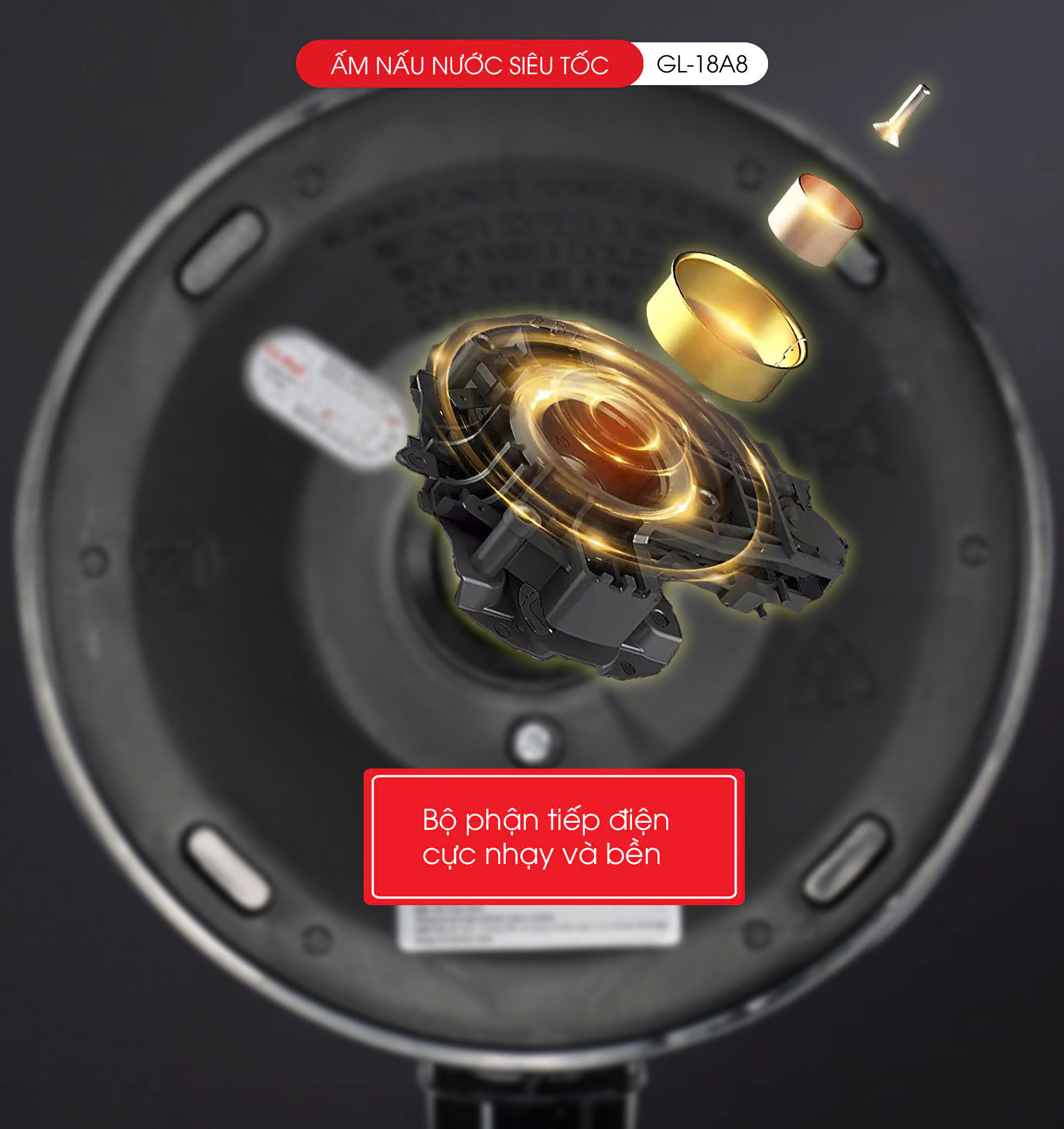 Ấm Siêu Tốc Gali GL-18A8 Thân Ấm Nguyên Khối Inox 304. Thiết kế 2 lớp Chống Nóng. hàng chính hãng, bảo hành 24 tháng