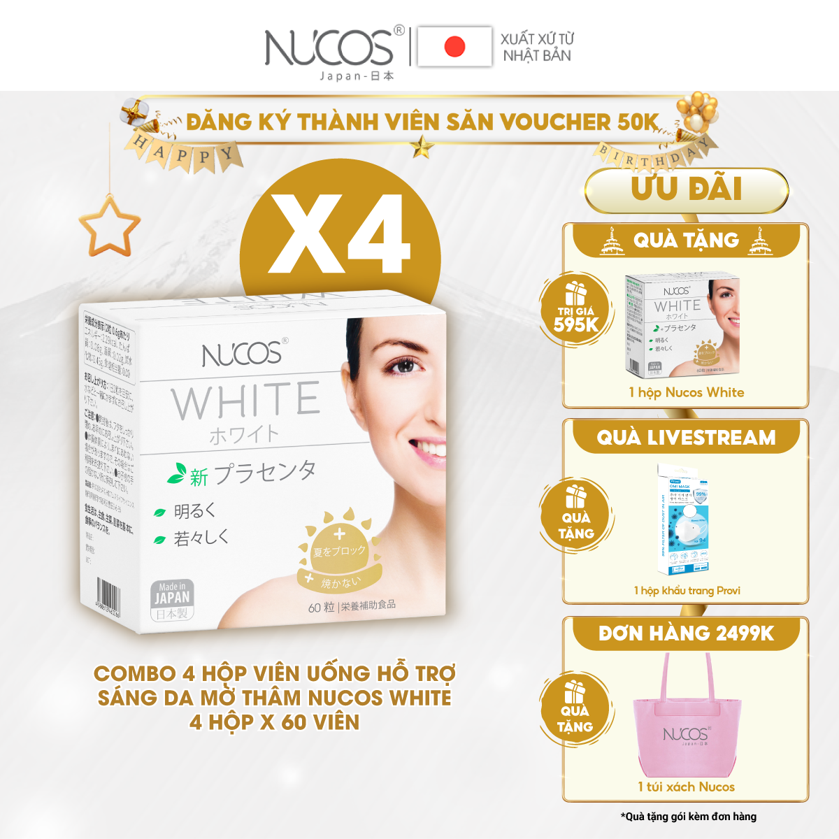 Combo 4 hộp Viên uống Nucos White trắng da mờ thâm nám 60 viên