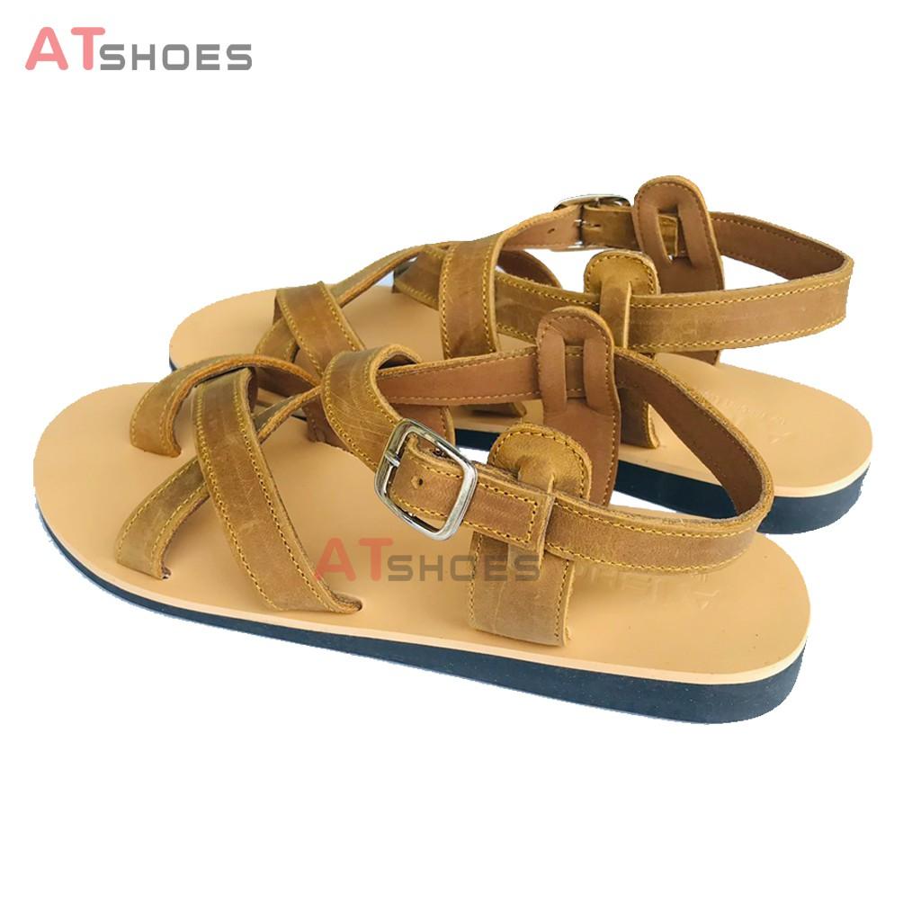 Dép Sandal Unisex - Da Bò Sandal xỏ ngón nam nữ chuẩn kiểu HQ Trẻ Trung Atshoes AT40 (Vàng)