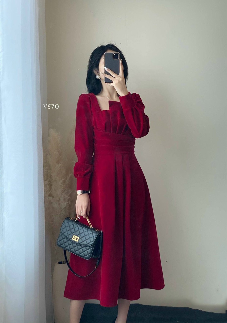 Đầm tay dài cổ tầng 2 màu