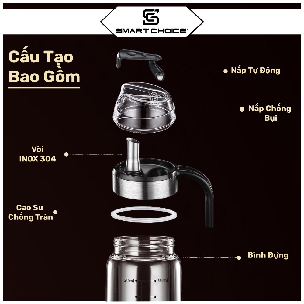 Bình Đựng Dầu Ăn Thủy Tinh SMARTCHOICE Cao Cấp, Chai Đựng Dầu Ăn, Nước Mắm Có Nắp Mở Tự Động 450ml + 550ml - Hàng Chính Hãng