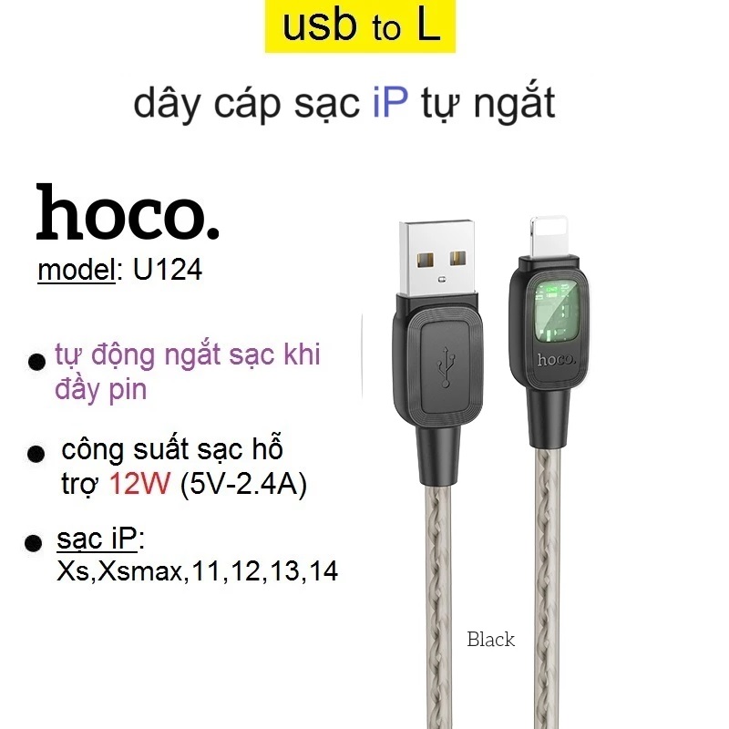 Cáp sạc tự ngắt (USB to L) 2.4A Hoco U124 sạc cho điện thoại 8/ 10/ 11/ 12/ 13/ 14 Pro Max _ Hàng chính hãng
