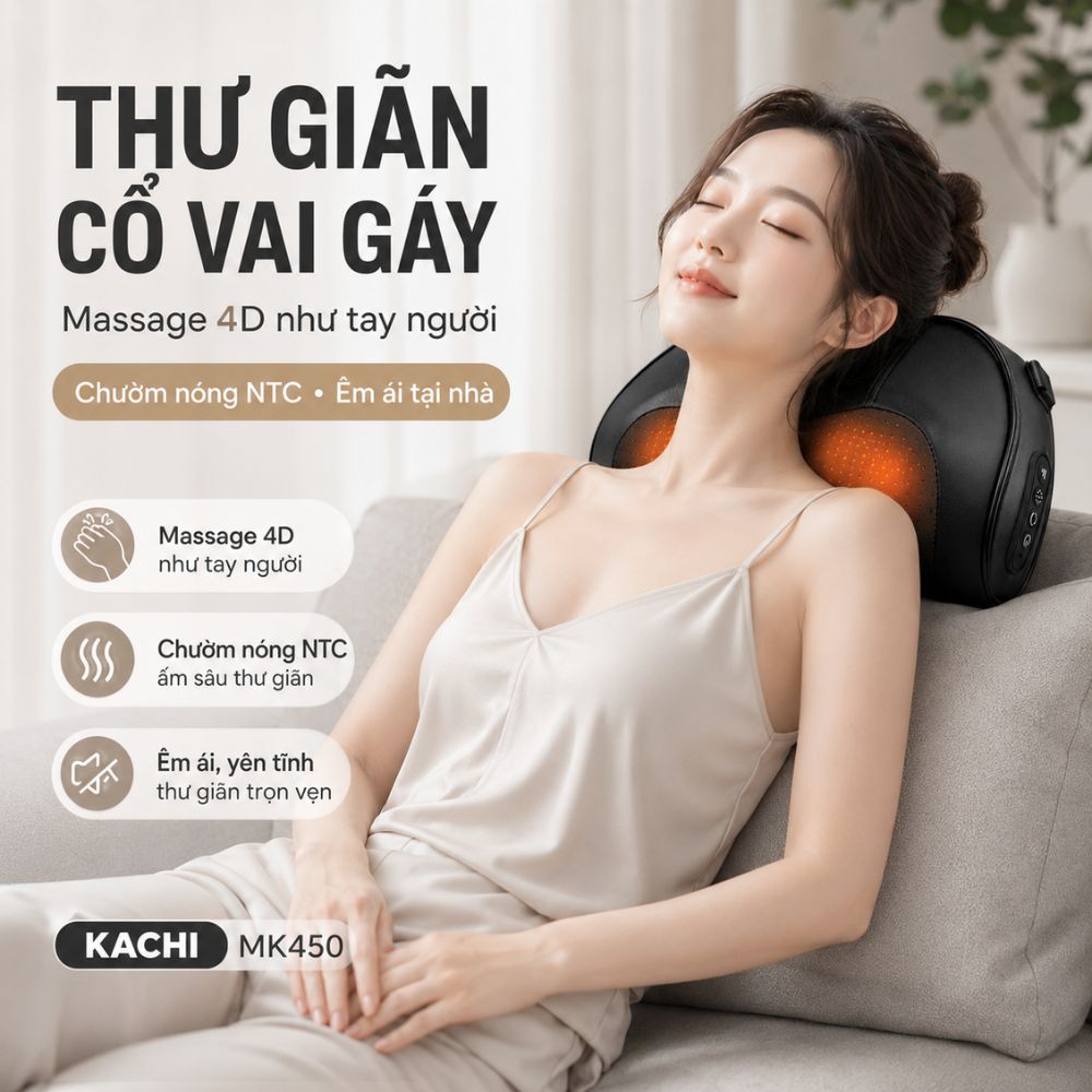 Gối Massage Cổ Vai Gáy Kachi MK450 – Công Nghệ Massage 4D Chườm Nóng - hàng chính hãng