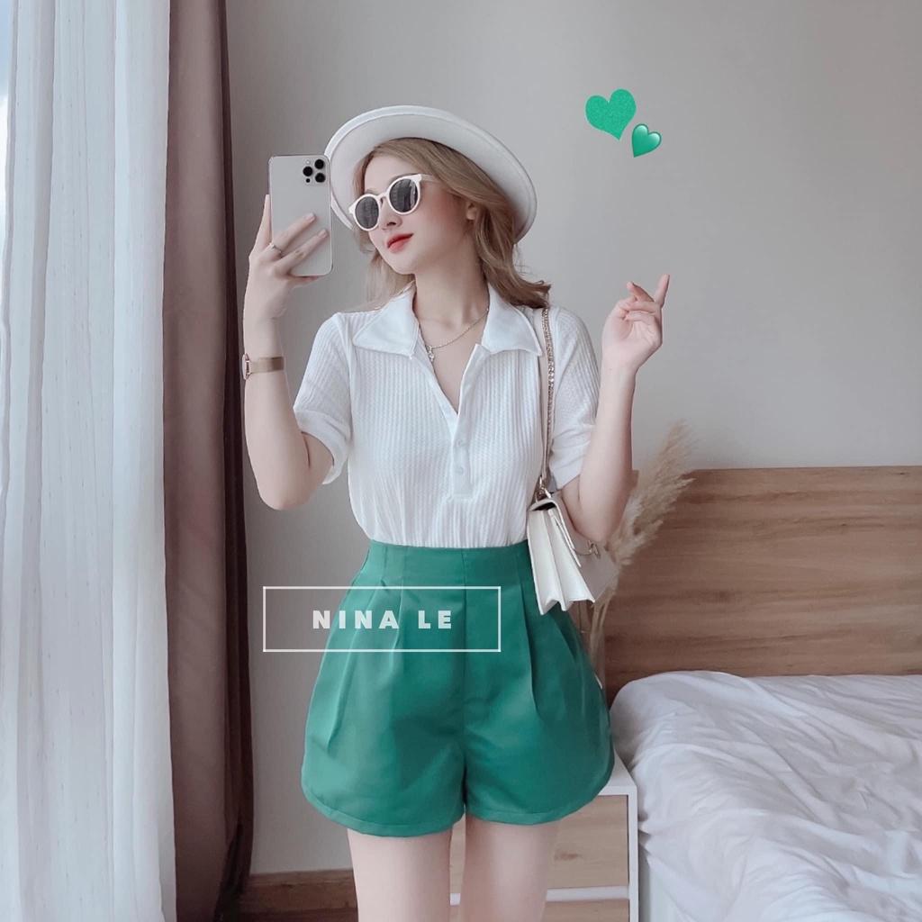 Bộ đồ nữ sang chảnh Set áo phông trắng cổ bẻ polo mix quần short ống rộng tacta xanh ngọc thời trang