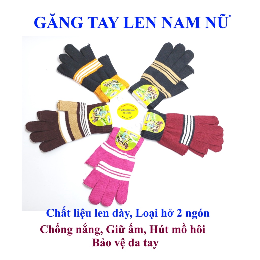 Găng tay len Bao tay len Nam Nữ Hở 2 ngón Sọc ngang Nhãn SUN G Cotton Chống nắng Giữ ấm Hút mồ hôi Bảo vệ da tay SxtạiVN