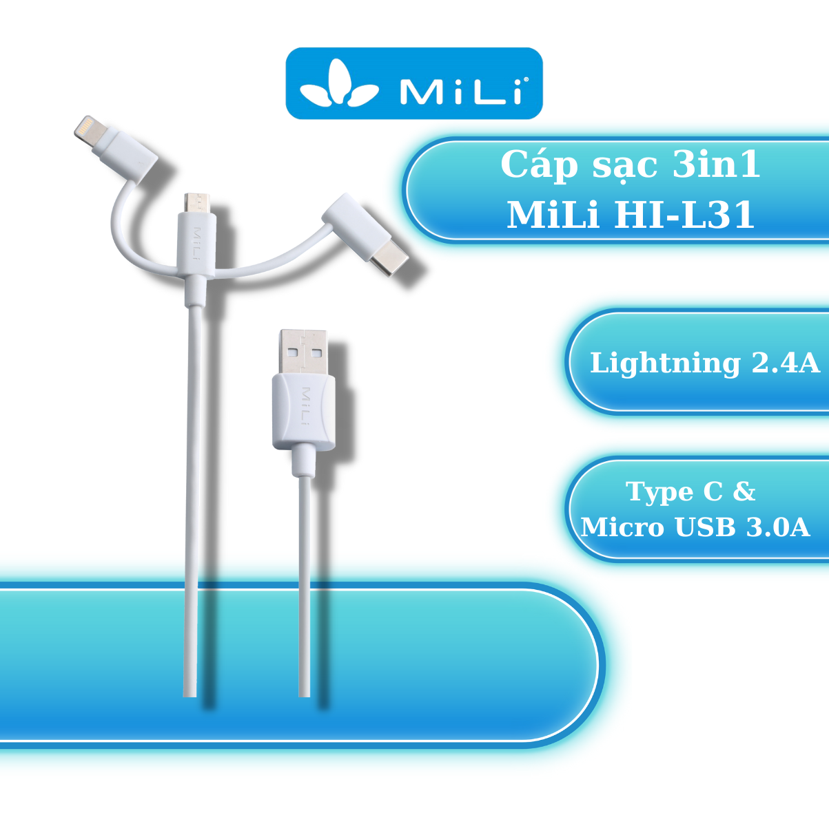 Dây Cáp Sạc 3 Trong 1 MicroUSB/USB Type-C/Li - MiLi 1m - HI-L31 - Hàng Chính Hãng