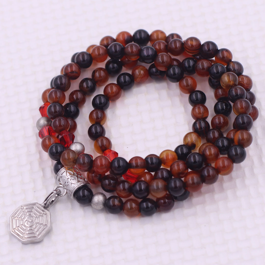 Vòng chuỗi 108 hạt đá thạch anh nâu 6 ly charm bát quái inox - vòng chuỗi niệm Phật, vòng tay chuỗi hạt