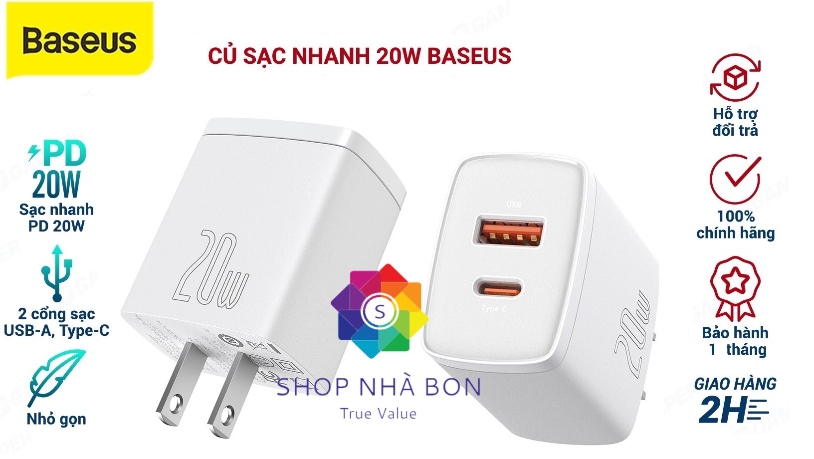 Cốc sạc siêu nhỏ gọn 20W Baseus Compact Quick Charger USB  Type C, công suất 20W – Hàng Chính Hãng  – Màu Trắng