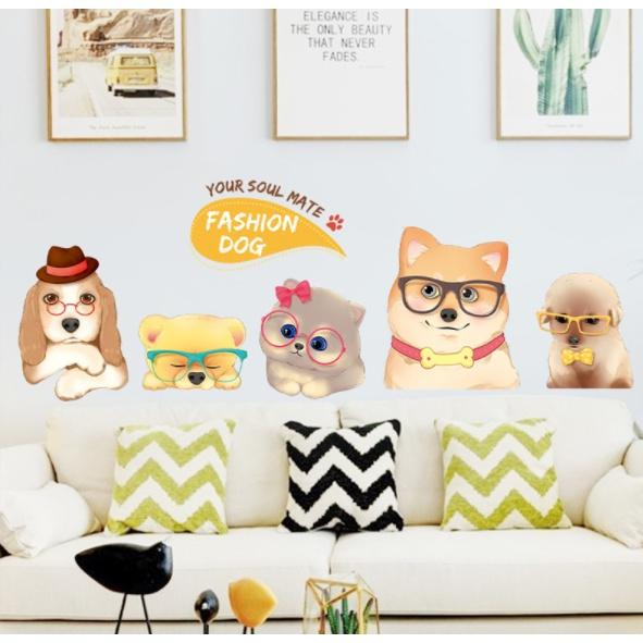 Decal trang trí tường - 4 bạn cún thời trang