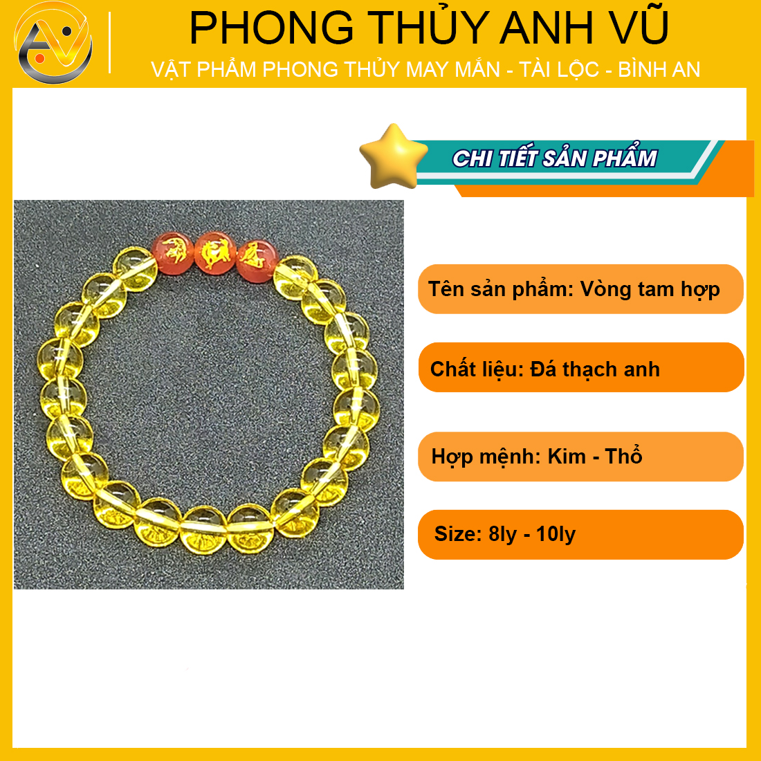 Vòng thạch anh vàng dần ngọ tuất đã khai quang - size 8 10 ly - may mắn tài lộc - Vòng Tam Hợp Anh Vũ