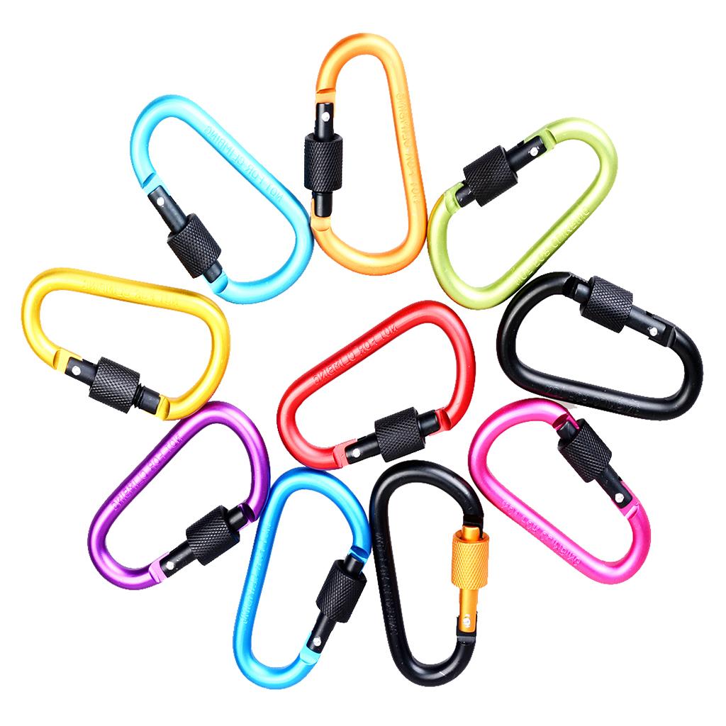 10Pieces D Ring Carabiner Screw Lock Climbing Buckle Snap Spring Clip Aluminum Alloy Hook Keychain for Camping Outdoor Activity