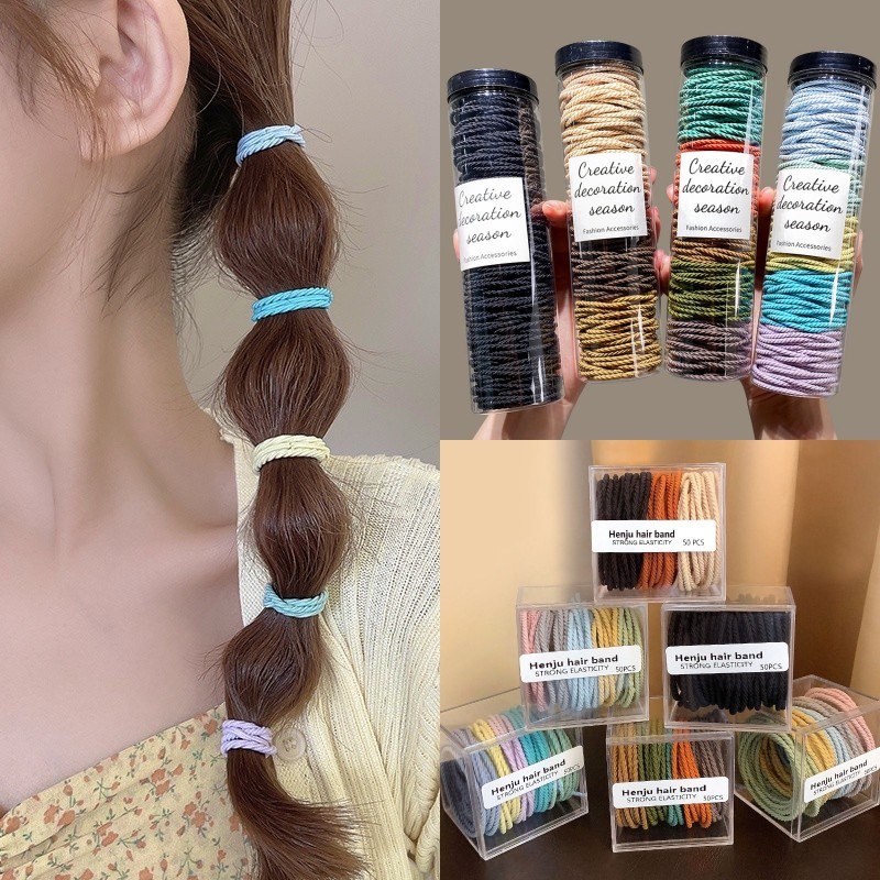 Hộp 100 dây thun buộc tóc nữ chất liệu cao su cao cấp nhiều màu phong cách hàn quốc 2023