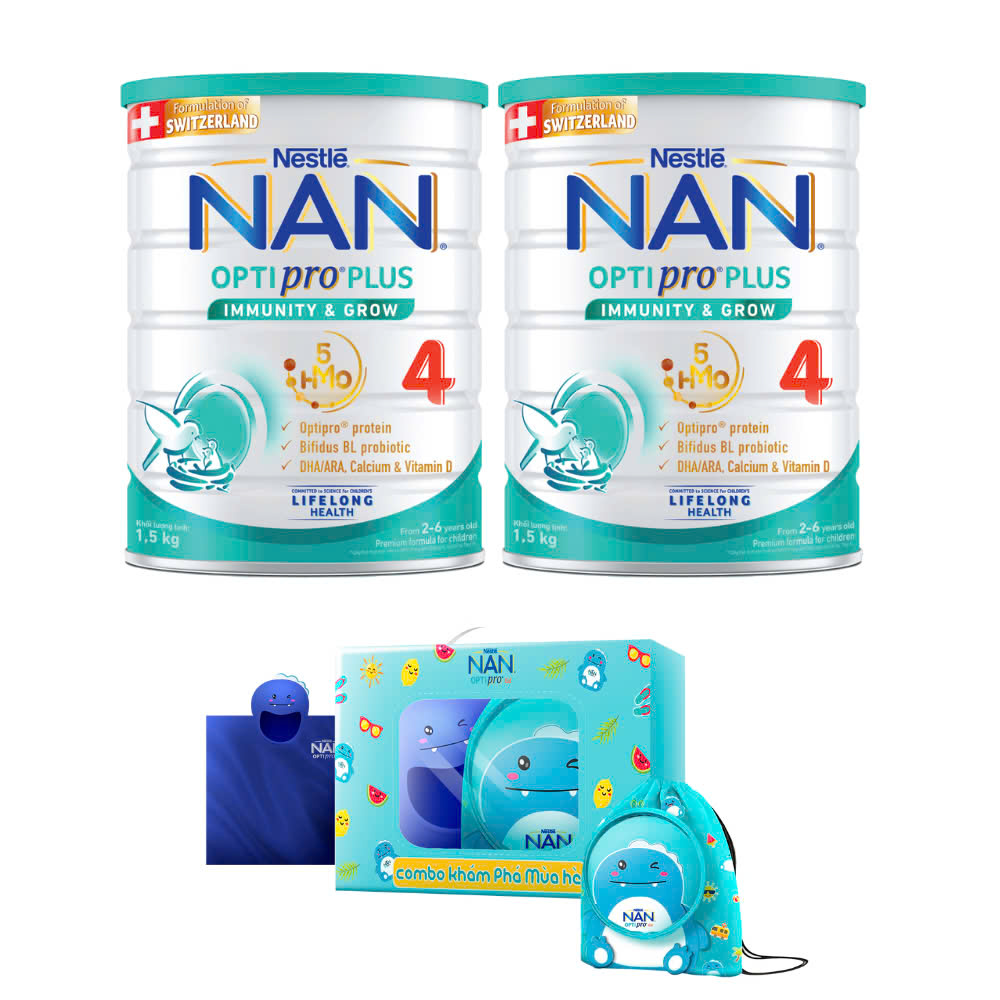 [Tặng Combo balo và khăn choàng khủng long] Combo 2 lon sữa bột Nestlé NAN OPTIPRO PLUS 4 1500g/lon với 5HMO Giúp tiêu hóa tốt
