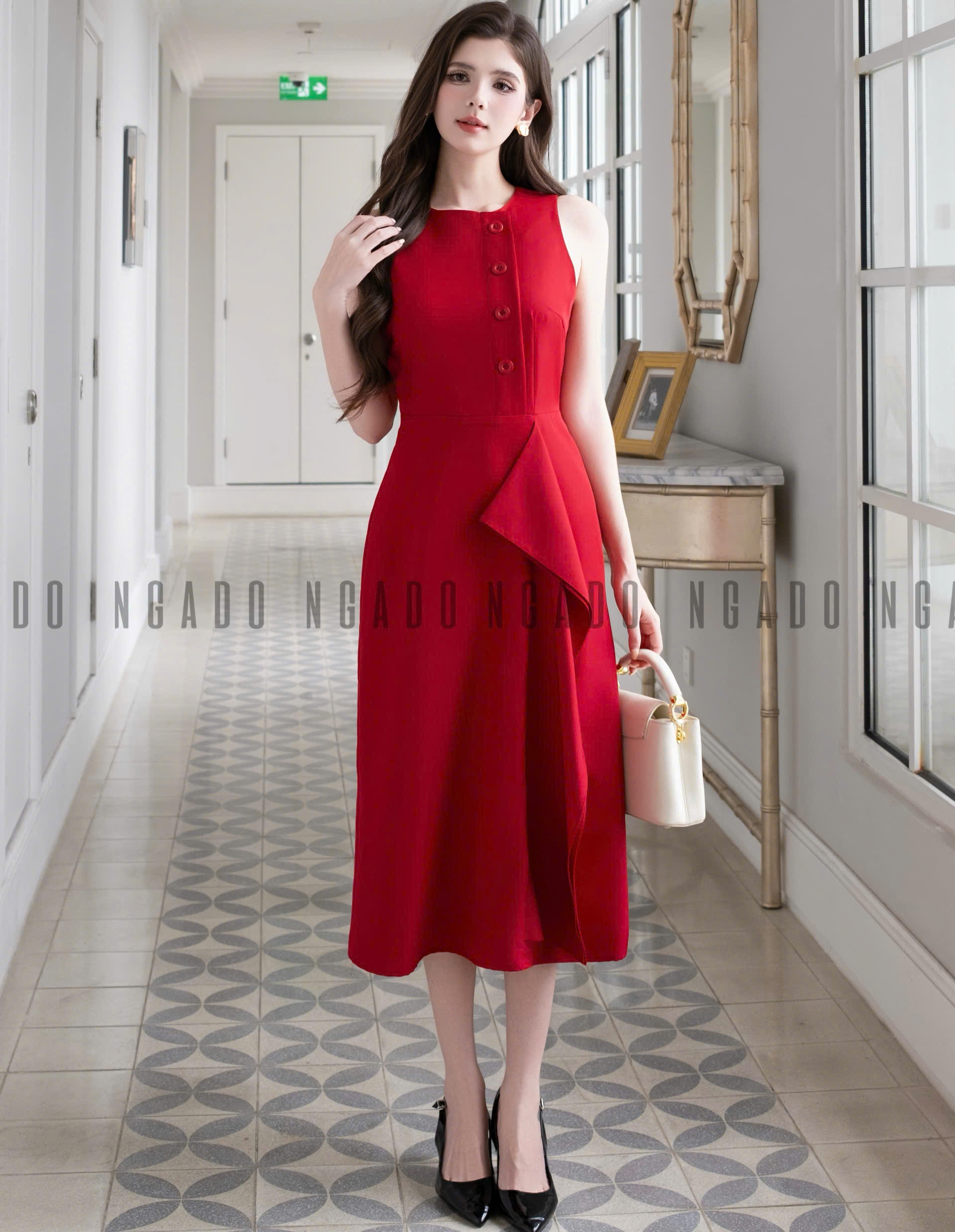 Đầm đỏ phối tà NGADO , đầm dáng midi , đầm dự tiệc , công sở