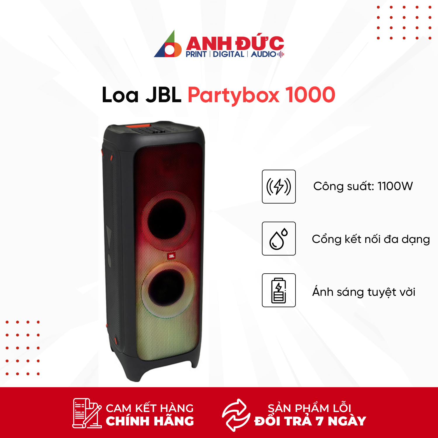 Loa Di Động JBL Partybox 1000 - Công Suất Lớn 1100W - Hàng chính hãng PGI