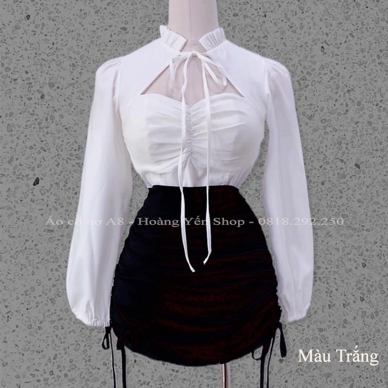 Bộ Áo cổ nơ A8 và chân váy rút CV08.Áo chất liệu kate lụa siêu đẹp, chân váy cotton co dãn 4 chiều có dây rút siêu xinh