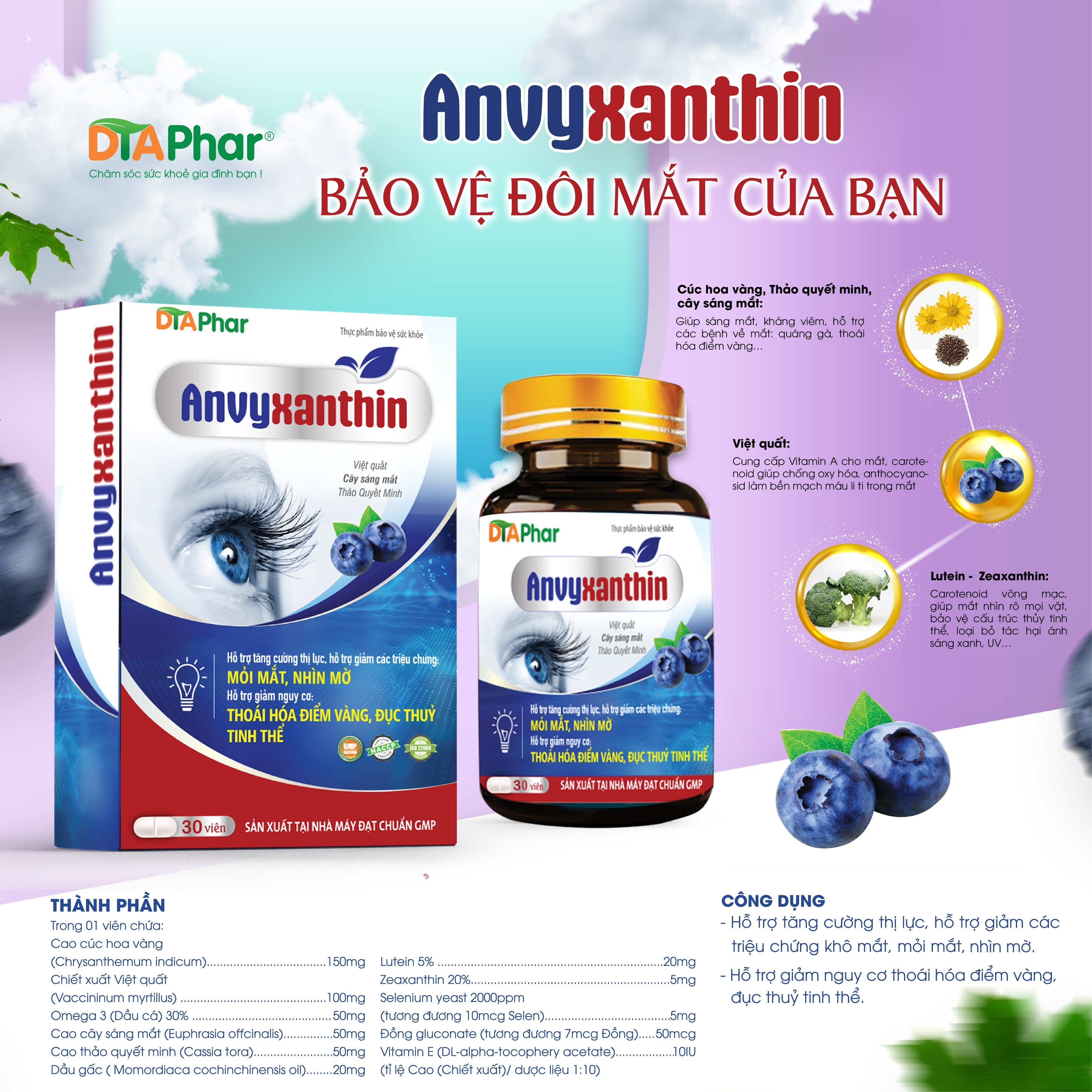 ANVYXANTHIN HỖ TRỢ BẢO VỆ ĐÔI MẮT TĂNG CƯỜNG THỊ LỰC GIẢM KHÔ MẮT, MỎI MẮT, MỜ MẮT, GIẢM NGUY CƠ THOÁI HOÁ ĐIỂM VÀNG HỘP 30V - TÂM AN PHARMA