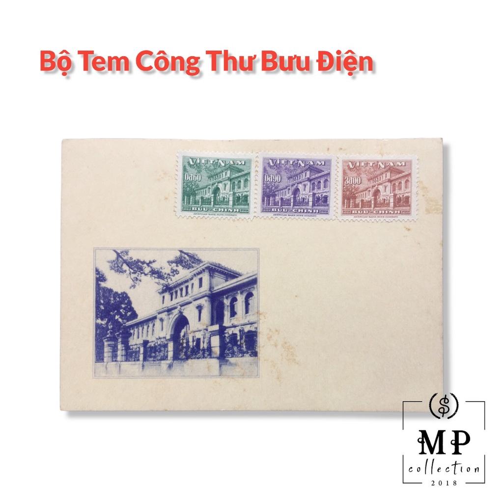 Bộ tem cổ Công Thự Bưu điện 3 con sưu tầm, tặng kèm bưu thiếp.
