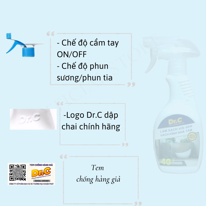 Dung Dich Tẩy Cặn Canxi, Làm Sạch vòi sen Inox, Cabin, vách kính nhà tắm Dr.C CHÍNH HÃNG (Chai 300ml)