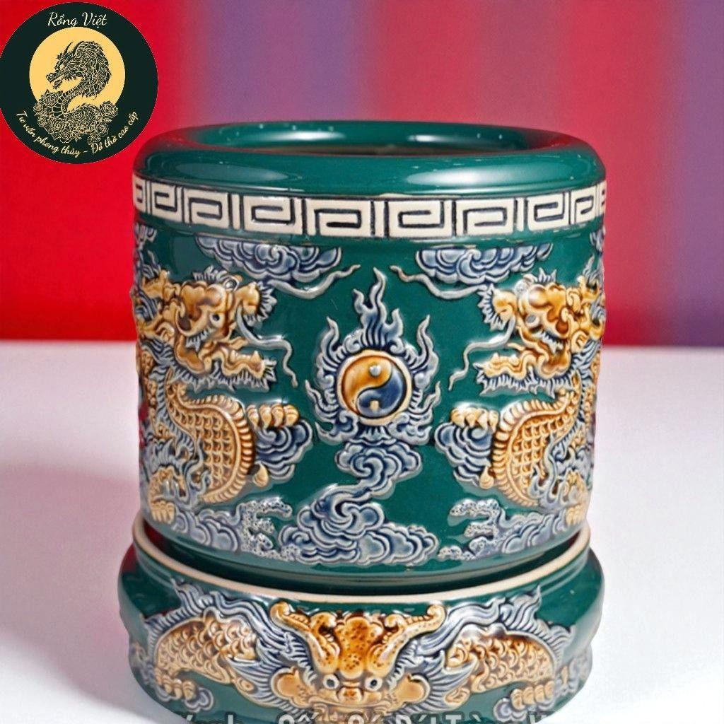Bát Hương Xanh Lục Bảo Đế Bát Tràng RỒNG VIỆT, Lư Hương Cao Cấp Họa Tiết Rồng Đắp Nổi