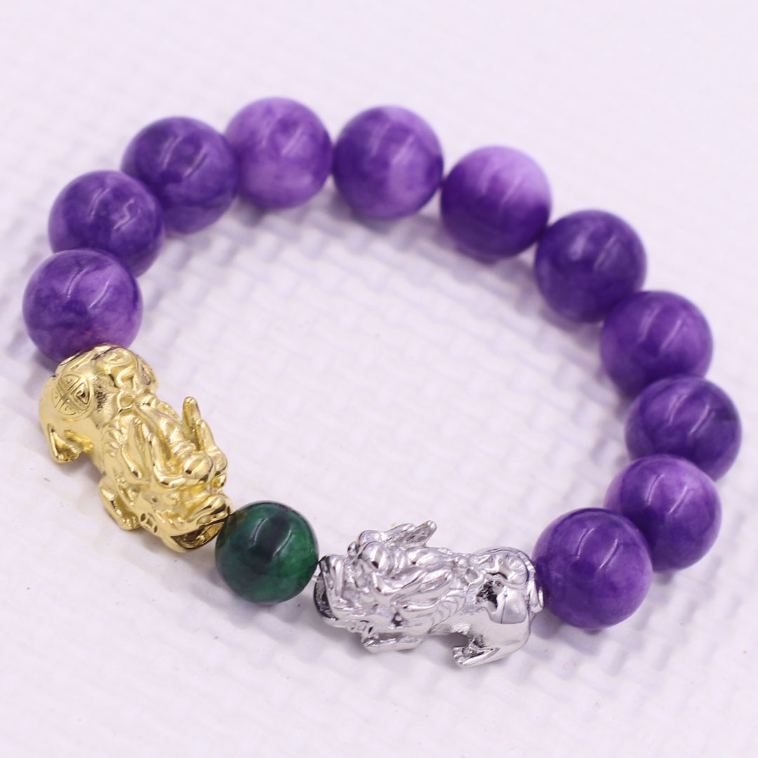 Vòng chuỗi đeo tay đá ngọc tủy tím 12 ly charm tỳ hưu đôi inox trắng và vàng, vòng chuỗi phong thủy, charm tỳ hưu, vòng tay hạt chuỗi