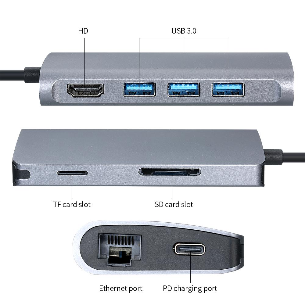Bộ chuyển đổi 8 trong 1 Type-C Hub Type-C sang 4K @ 30Hz HD với cổng Ethernet / USB 3.0 / 87W PD Sạc nhanh / Hỗ trợ thẻ TF&SD