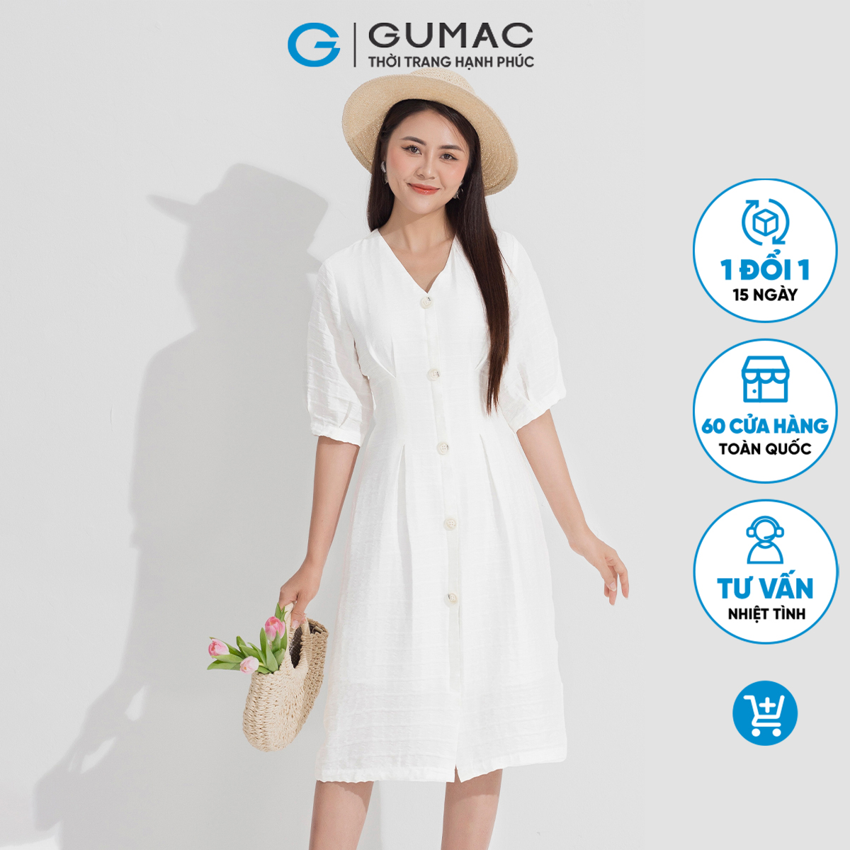 Đầm cổ v phối nút GUMAC DD05056