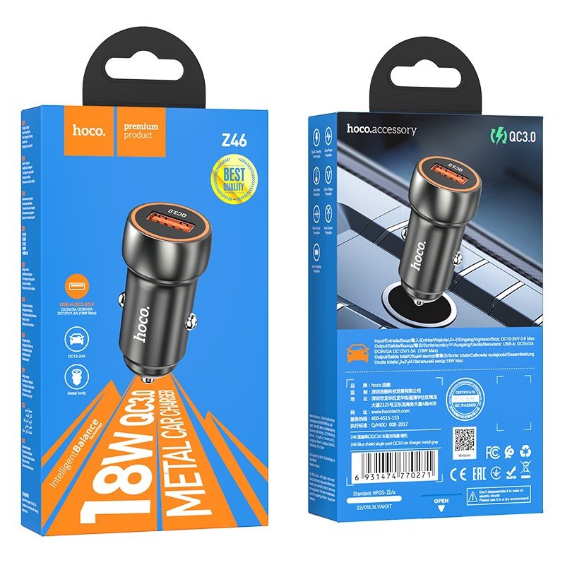 Tẩu sạc nhanh hoco 20w trên ô tô Z46, 1 cổng USB PD20W QC3.0