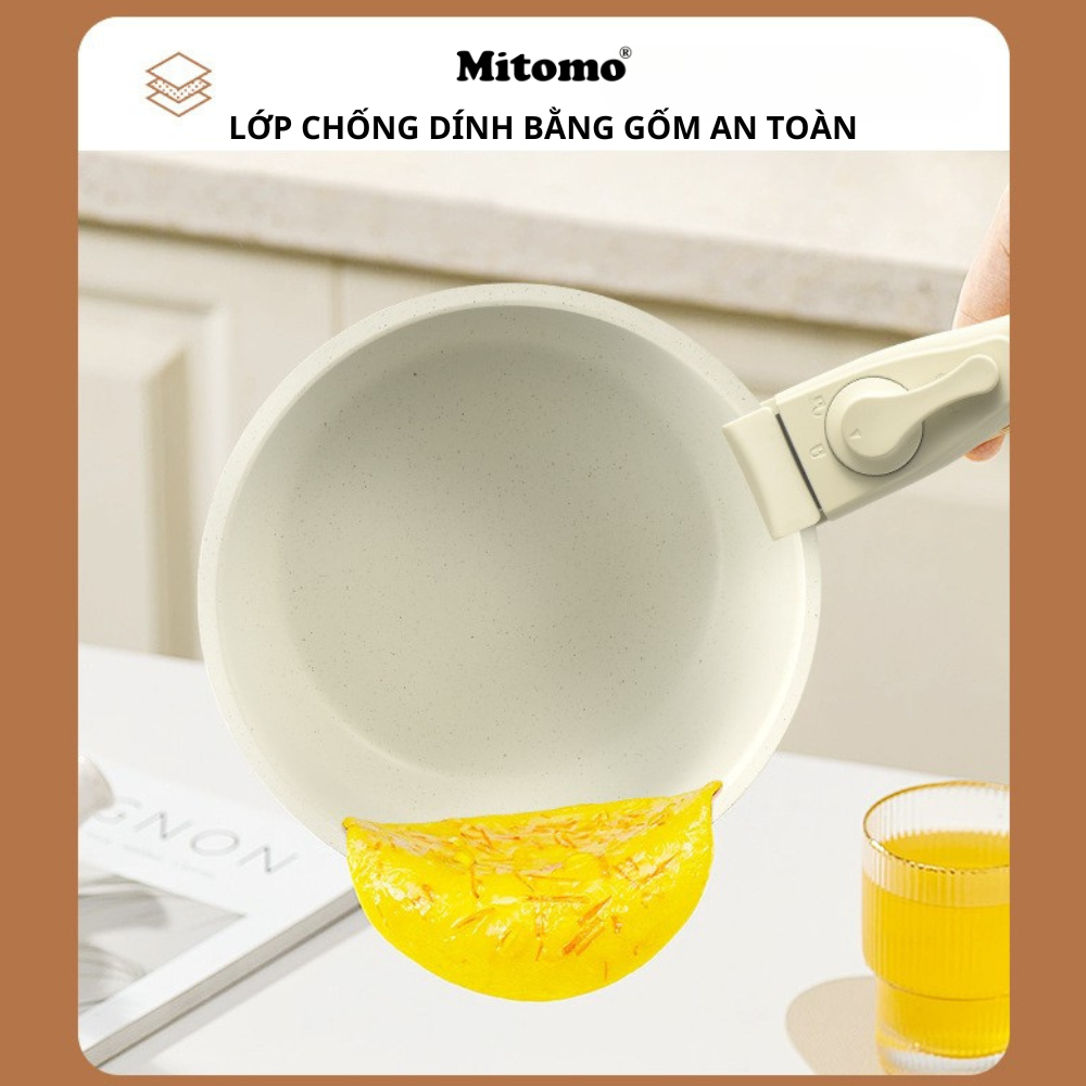 Bộ nồi chảo đá gốm Mitomo chống dính cao cấp 5 món có tay cầm tháo rời, dùng cho mọi loại bếp - Hàng chính hãng