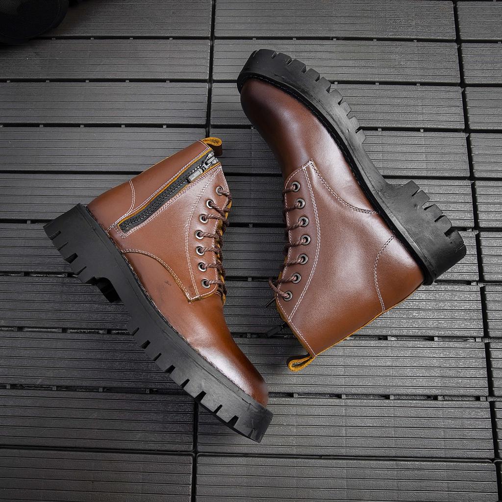 Giày Combat Boots Nam AROTI Zip Boots Cổ Cao Chất Da Bò Đẹp Cao Cấp,Đế Khâu Chắc Chắn, Tăng Chiều Cao 5cm G610-Đ