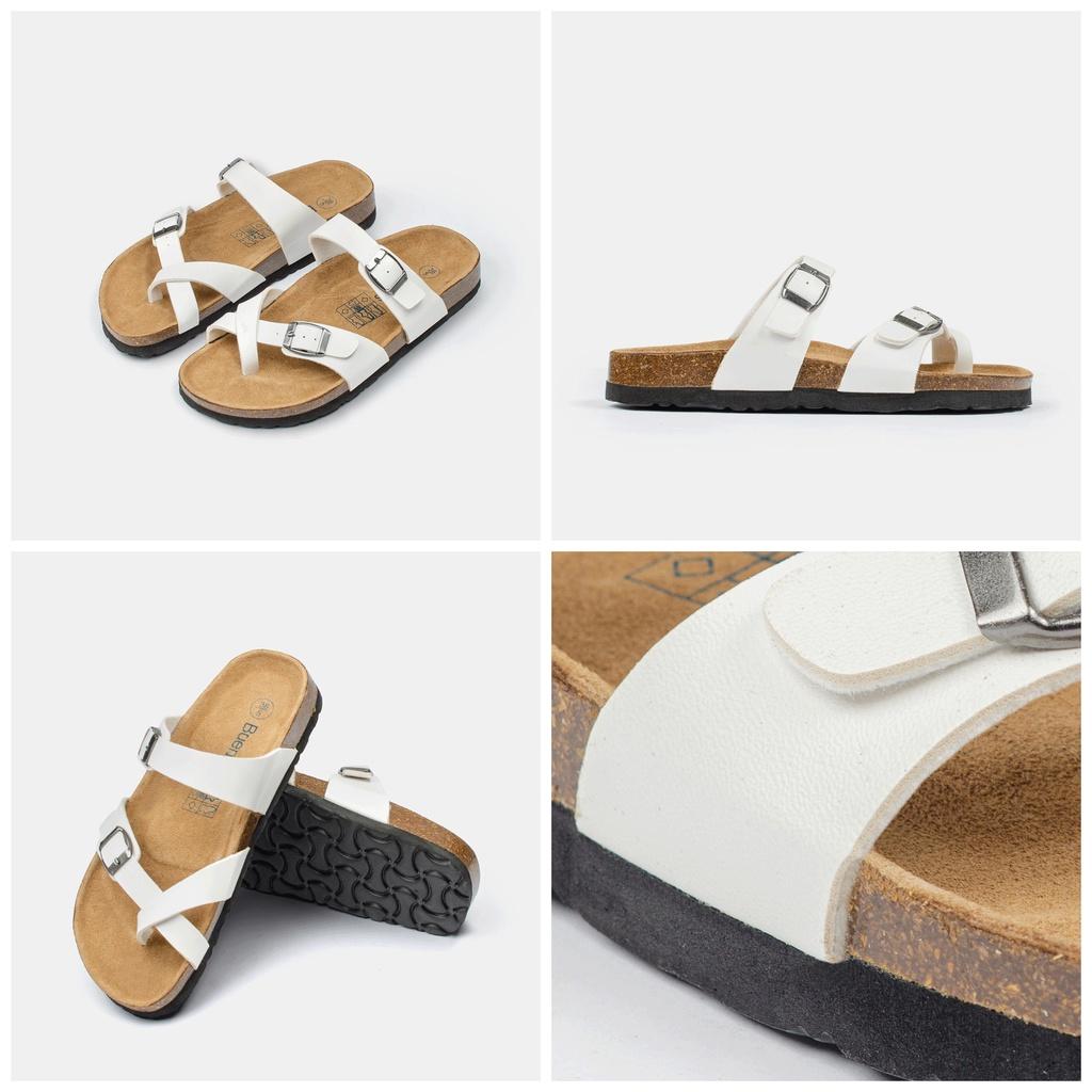 Dép đế trấu nam nữ da bò unisex birken quai chéo Buenas - BU02 trắng