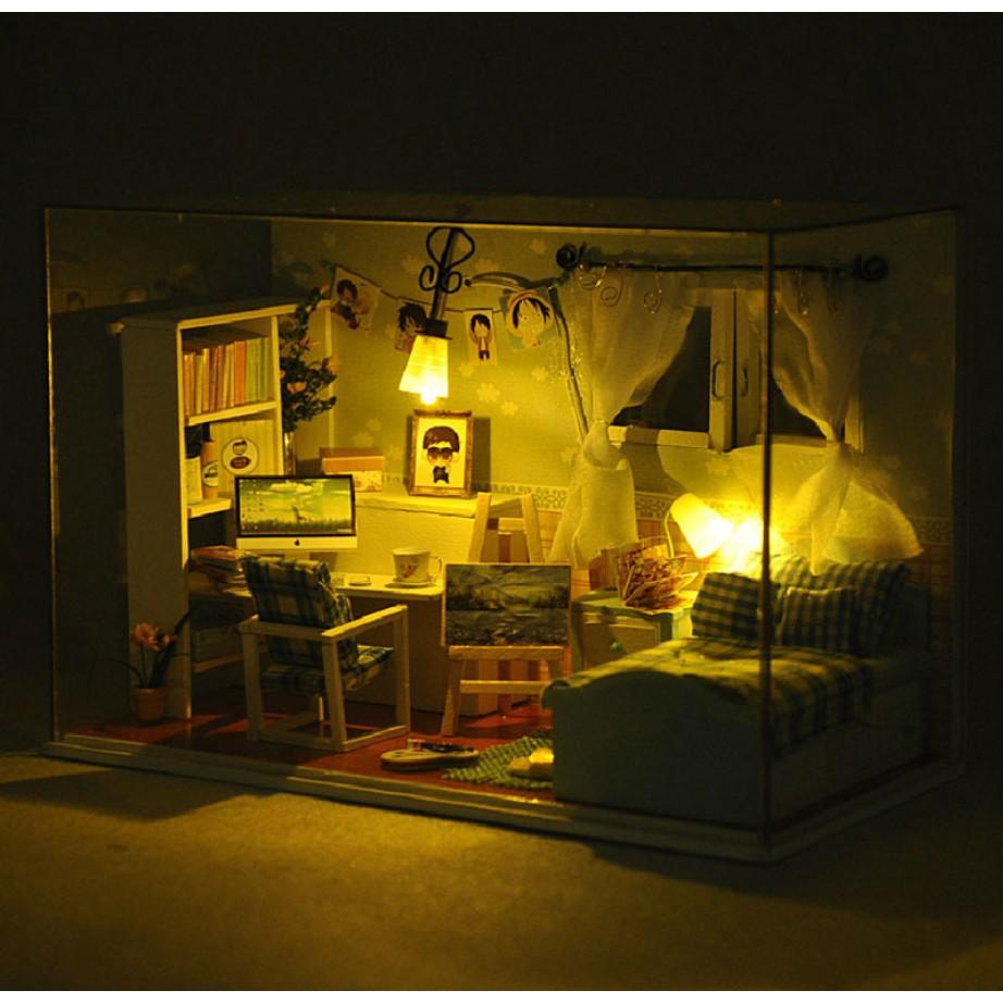 KHO-HN * Mô hình nhà búp bê gỗ - phòng ngủ của chàng họa sĩ trẻ với chăn và ghế đệm caro