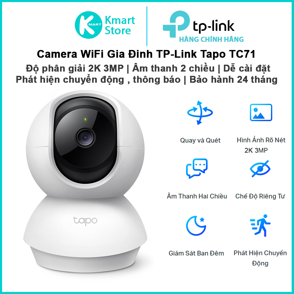 Camera WIFI Gia Đình TP-Link Tapo TC71 | 2K 3MP (2304 x 1296 px) | Đàm thoại 2 chiều | Tầm nhìn ban đêm | Bảo hành 2 năm | Hàng Chính Hãng