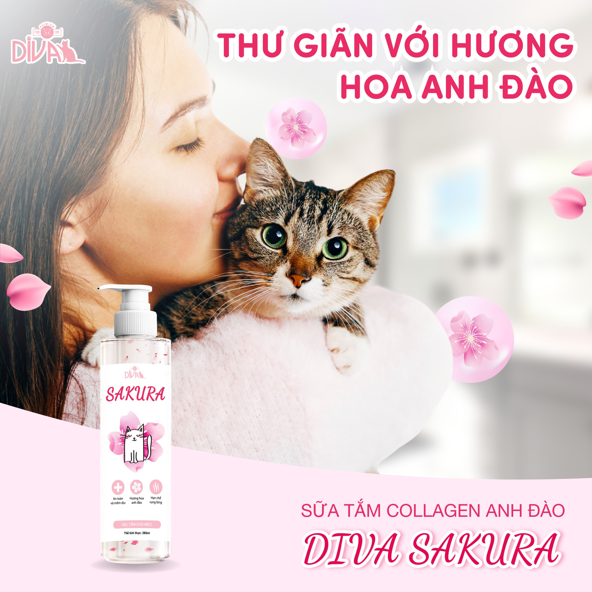 Gel Sữa Tắm Mèo Collagen Cao Cấp Anh Đào Diva Sakura - YonaPetshop