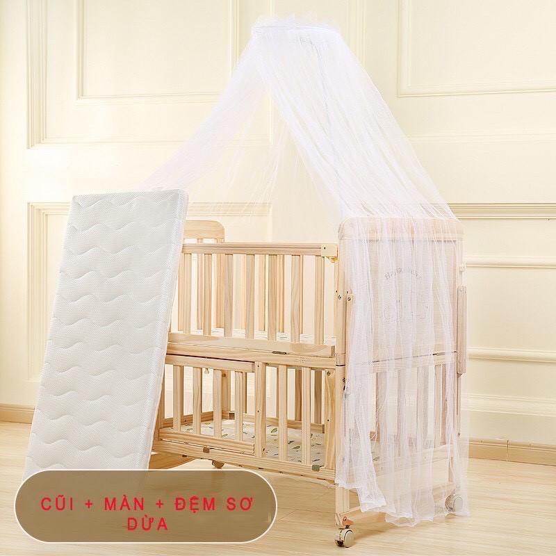 Cũi trẻ em, nôi cũi 2 tầng cho bé gỗ thông kèm đệm xơ dừa size 105*60*40cm.