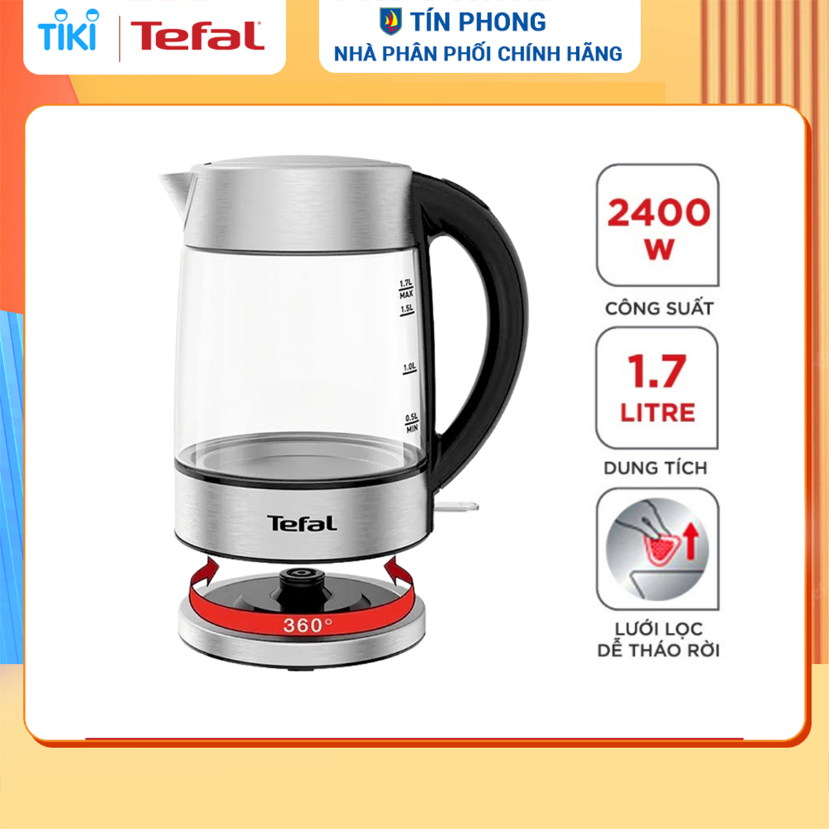 Bình đun siêu tốc thủy tinh 1.7L Tefal KI772D38 - 2400W - Hàng chính hãng