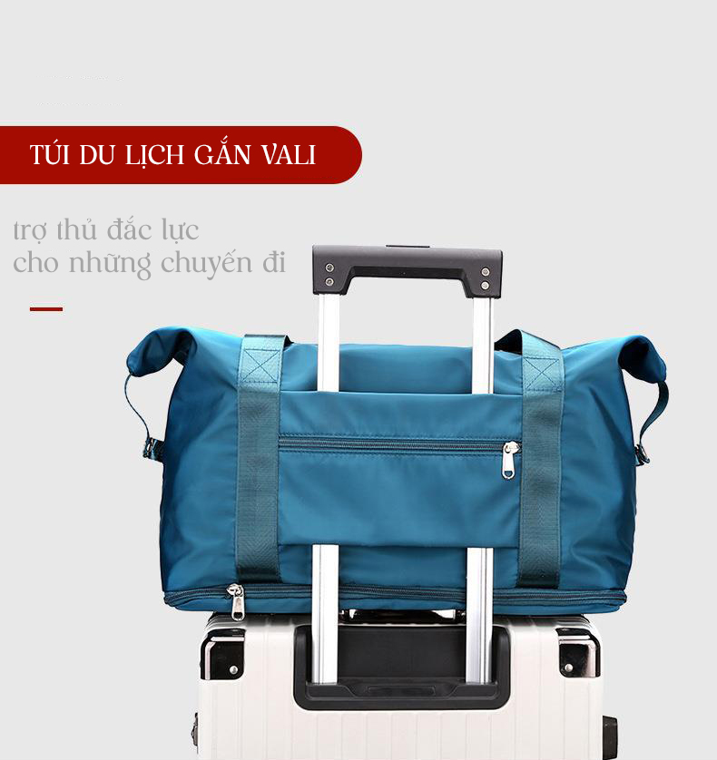 Hình ảnh Túi du lịch gắn vali kéo gấp gọn cầm tay vải nylon chống nước size lớn nhiều ngăn tiện lợi 0870