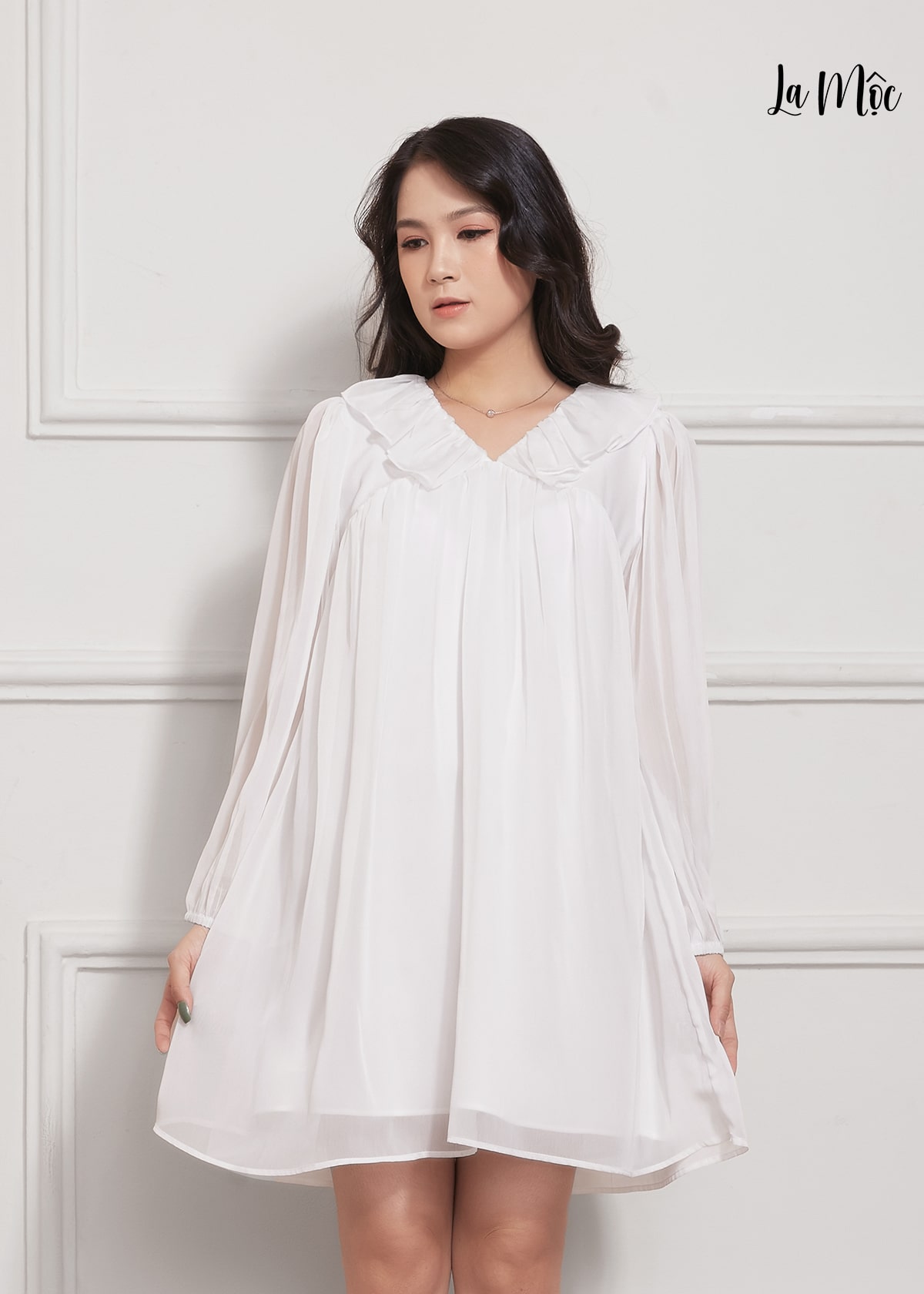 Đầm Babydoll Lụa Crep Cổ Bèo Tay Dài Maxivic, La Mộc - LM012210