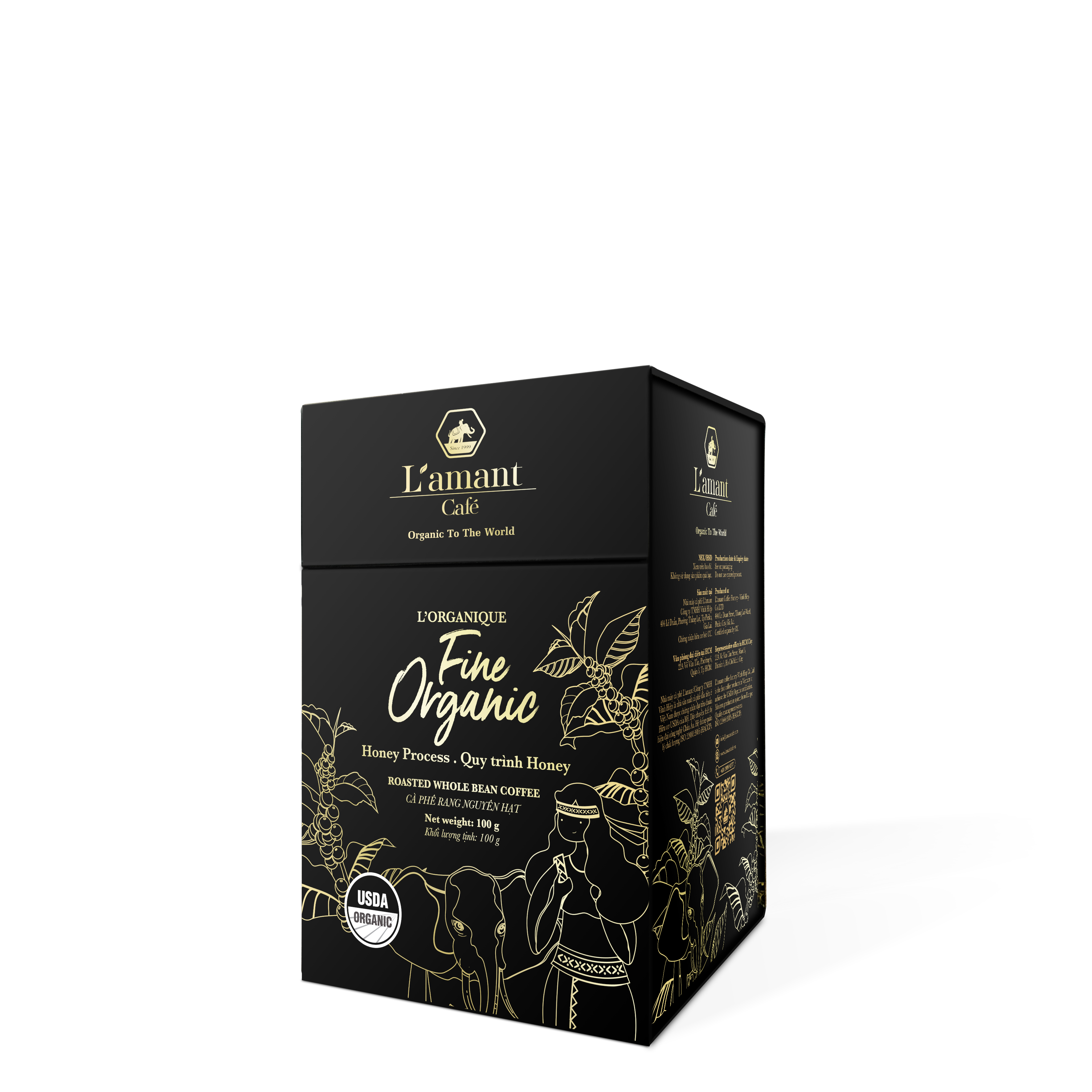 Cà phê nguyên chất hạt hữu cơ L'amant Fine Organic 100% Robusta chuẩn USDA 100gr