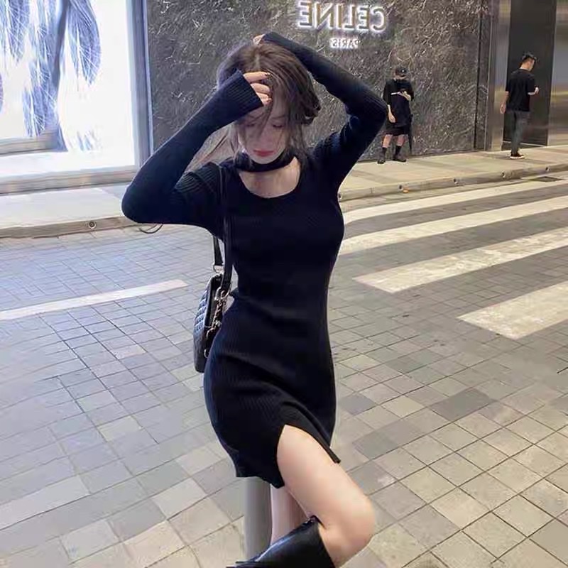 Đầm body dài tay xẻ trước cổ tròn cut-out sành điệu cá tính phong cách Hàn quốc màu đen chất thun gân mịn đẹp mặc đi chơ