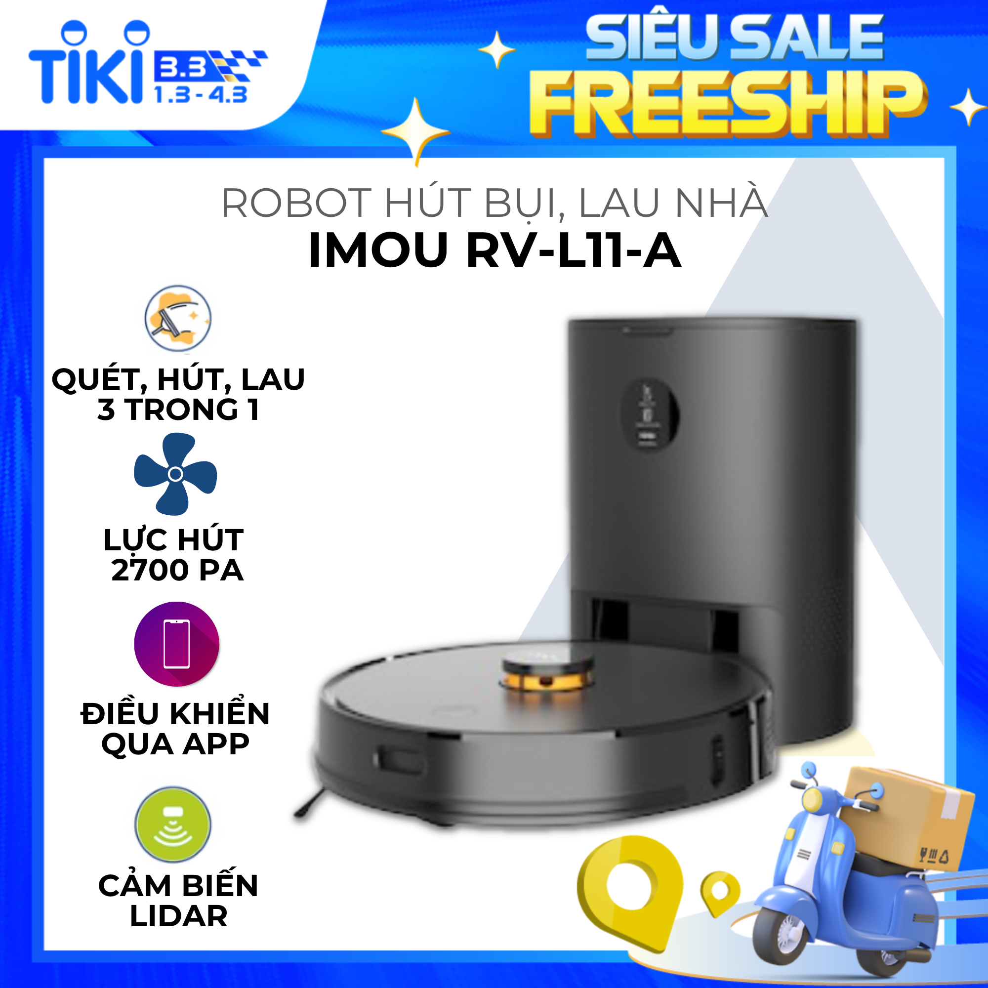 Robot hút bụi lau nhà IMOU RV-L11-A, lực hút 2700PA, điều khiển app thông minh, hộp bụi 3 lít, tự động đổ bụi, vẽ bản đồ nhanh chóng, có cảm biến chống rơi và thảm - Hàng chính hãng