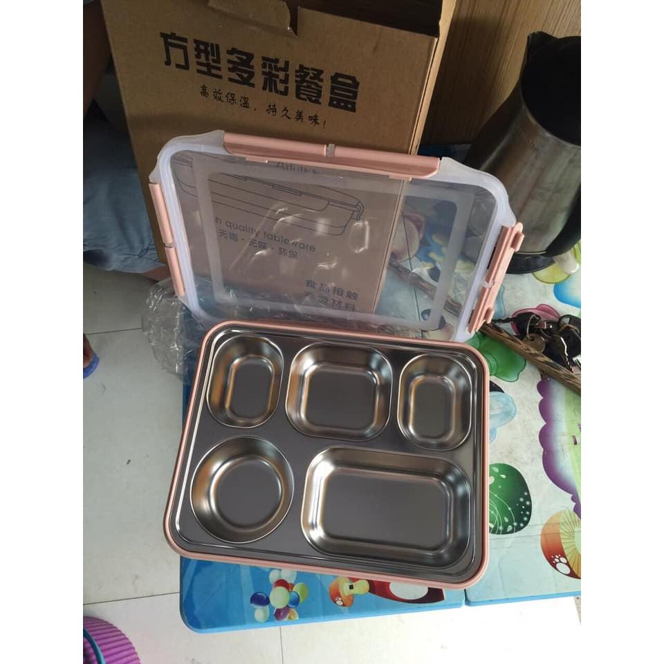 Hộp cơm inox 5 ngăn chịu nhiệt, có hộp đựng canh chống tràn tặng kèm đũa thìa inox