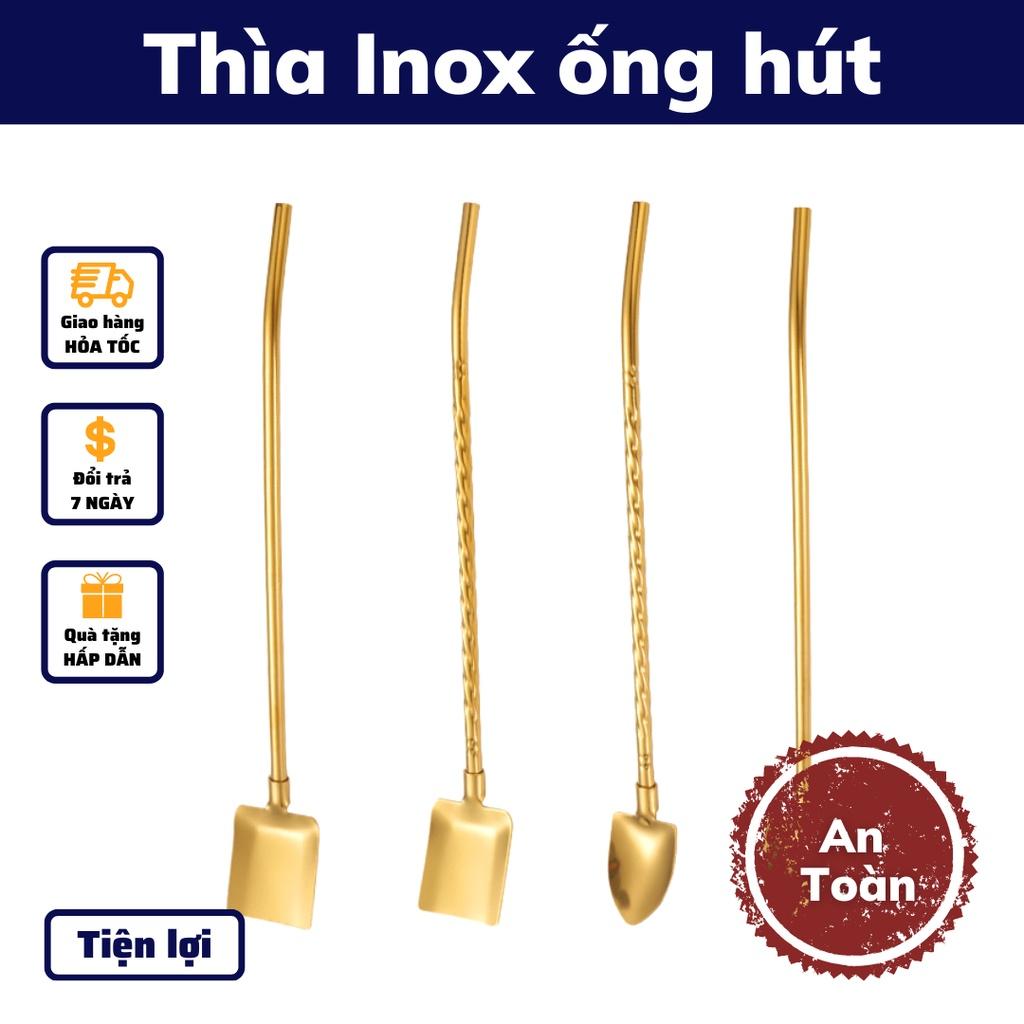 Muỗng Inox có ống hút thìa cute muỗng cà phê an toàn thìa cafe dụng cụ pha cà phê và có cọ rửa ống hút đẹp